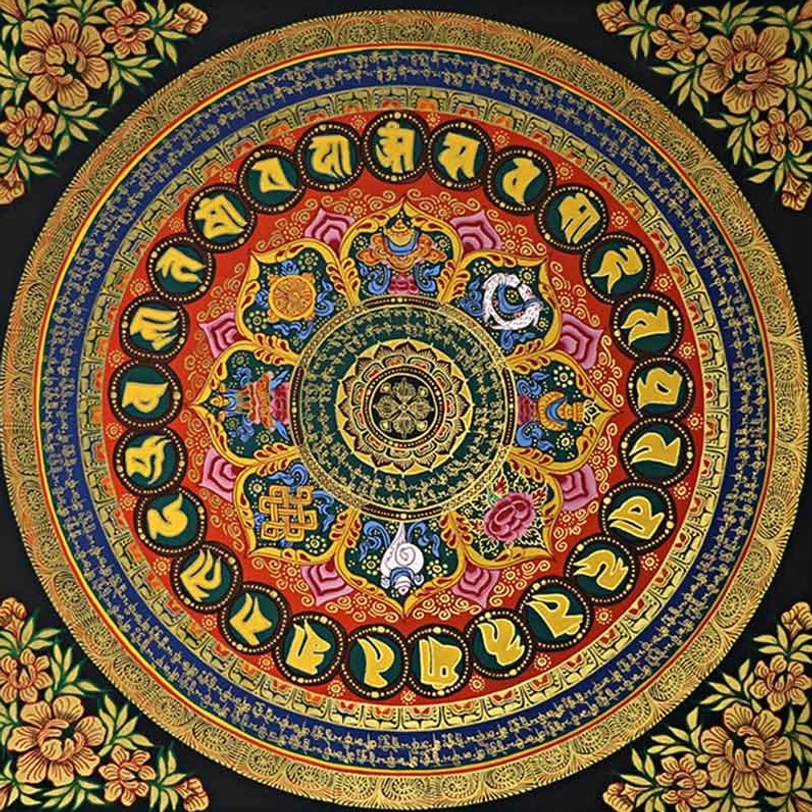Tibetan Om Mani Padme Hum colorful mandala thangka painting with gold gilded borders and floral corner accents, overhead flat lay view