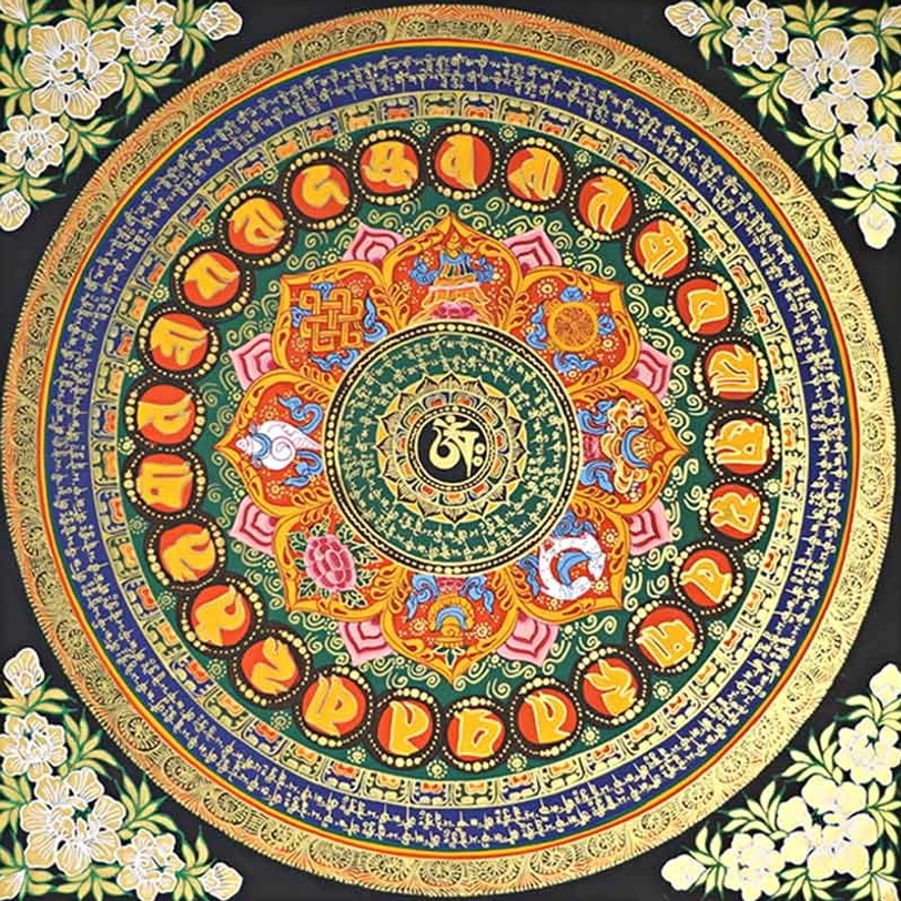 Hand-painted Tibetan Om Mani Padme Hum thangka with natural materials and eco-friendly plant-based pigments