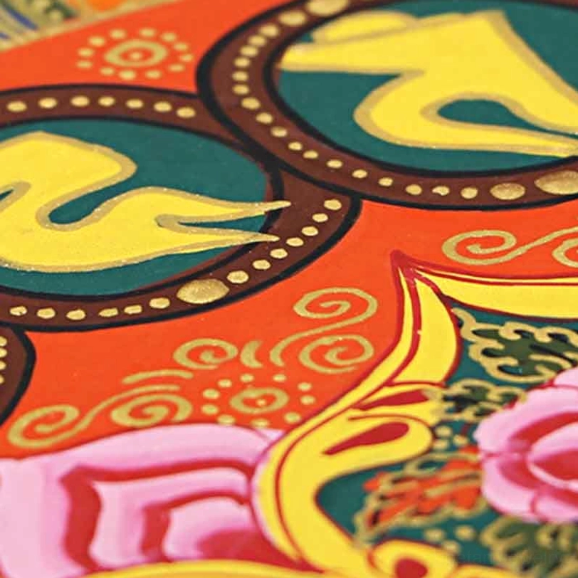 Tibetan Om Mani Padme Hum thangka with jewel lotus symbolism and Buddhist enlightenment mandala iconography