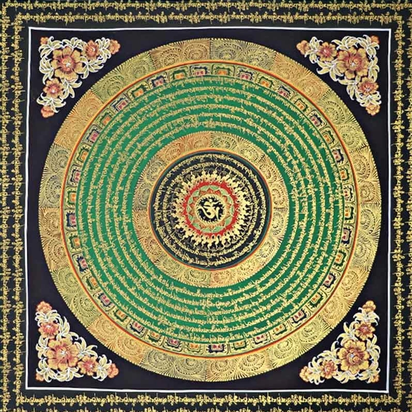 Colorful Tibetan Om Mani Padme Hum mandala thangka with multicolor pigments and authentic artist signature details