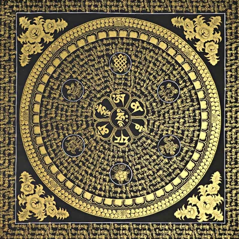 Black-gold Tibetan Om Mani Padme Hum mandala thangka unframed with central mantra script and gilded floral corner accents