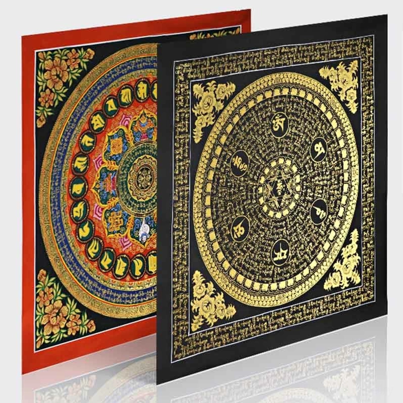 Two styles of Tibetan Om Mani Padme Hum mantra thangkas comparison - colorful mandala and black-gold script style