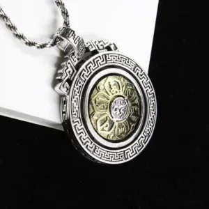 Tibetan om mani padme hum rotatable double vajra pendant necklace with fretwork design and two-tone finish