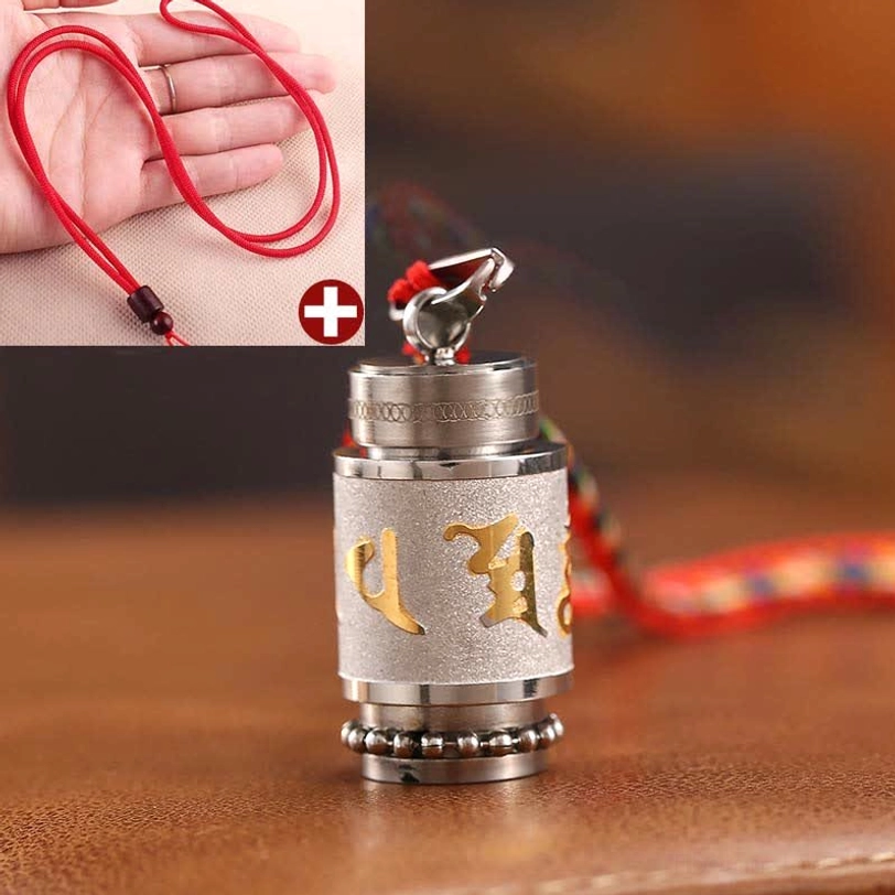 Tibetan Buddhist Om Mani Padme Hum pendant with red woven rope and silver-finished amulet