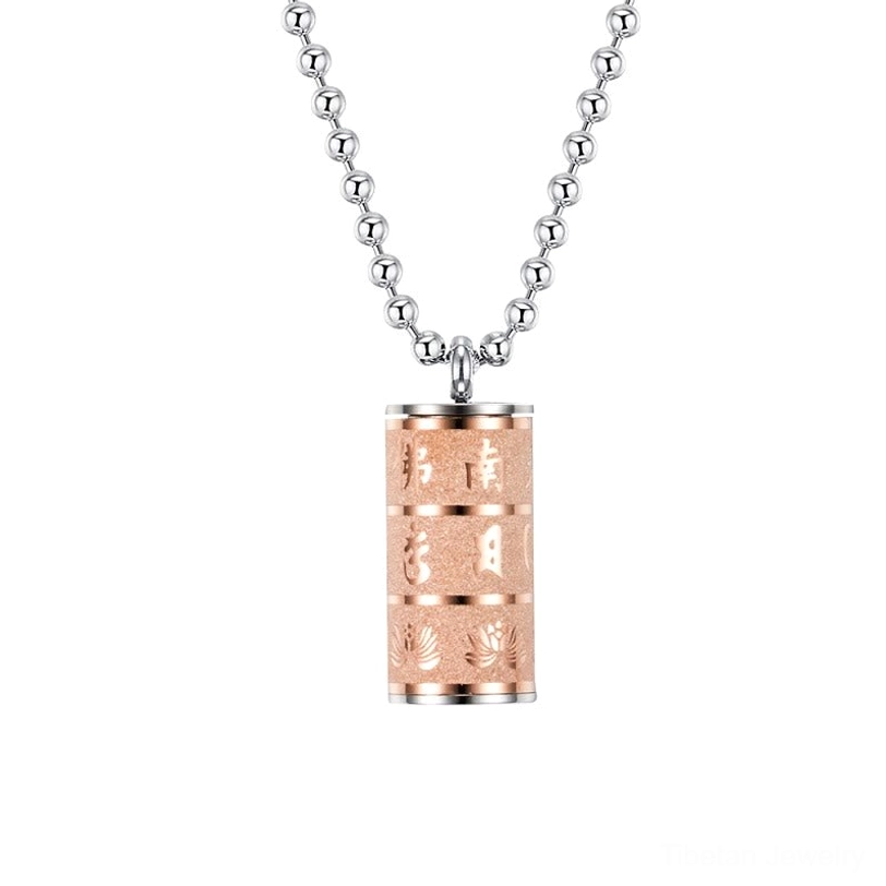 Rose gold titanium steel Tibetan Om Mani Padme Hum necklace pendant with sacred lotus engravings