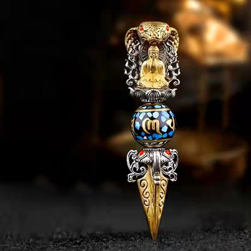 Tibetan Om Mani Padme Hum Vajra Buddha pendant necklace front view with dual-tone copper metal, enamel inlaid mantra bead, and naga wrapped Buddha design