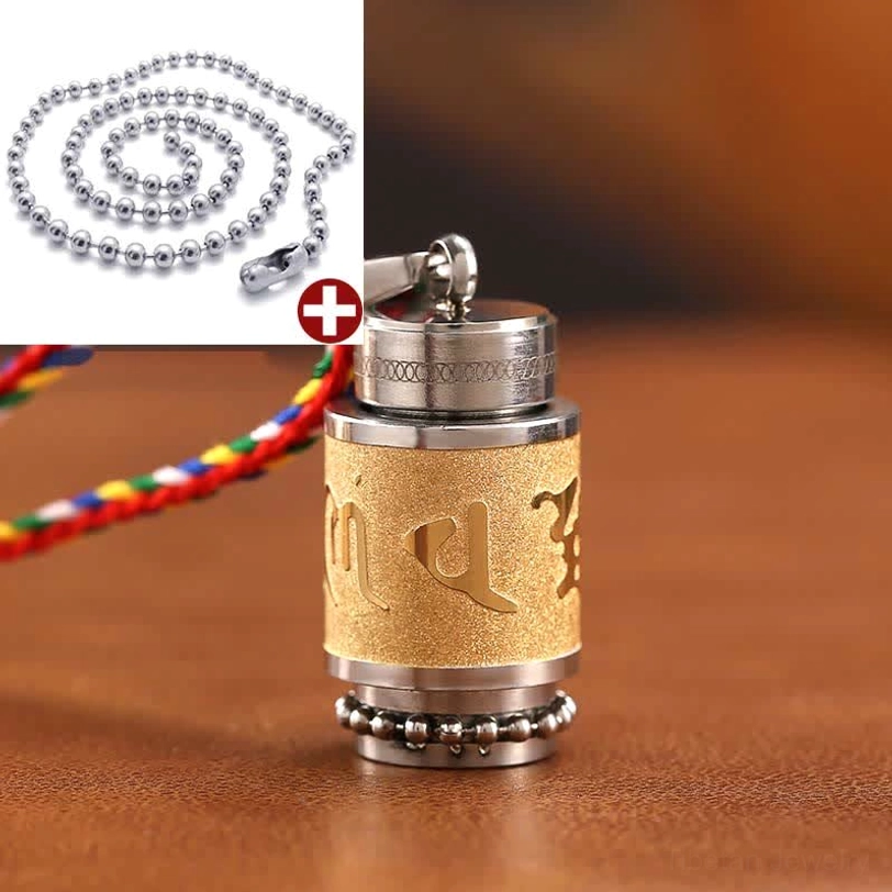 Tibetan wisdom amulet pendant with bead chain and frosted gold titanium steel construction