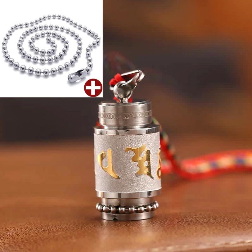 Tibetan Om Mani Padme Hum amulet with mixed colorful woven rope and bead chain attachment