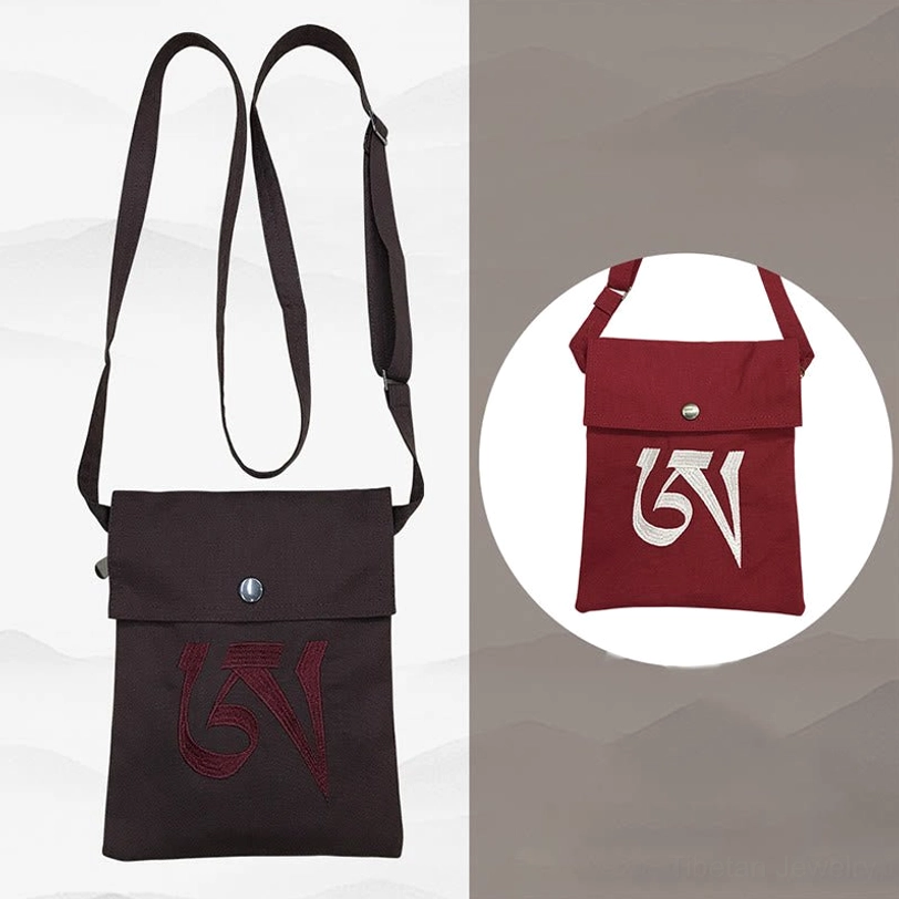 Tibetan OM mantra spiritual practice shoulder bag handcrafted canvas with authentic Buddhist symbol embroidery