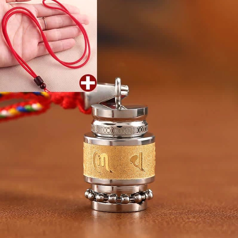 Om Mani Padme Hum pendant necklace with red colorful woven lanyard and titanium steel construction