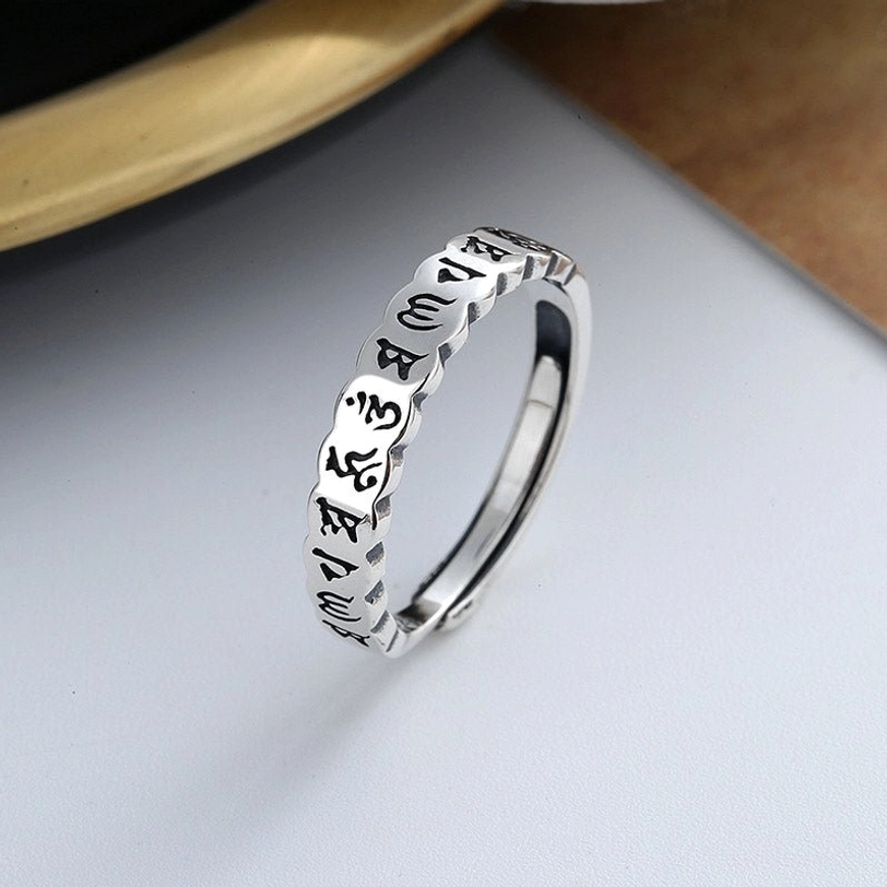 Handcrafted 925 sterling silver Tibetan mantra ring, adjustable open band design with ancient Sanskrit engravings