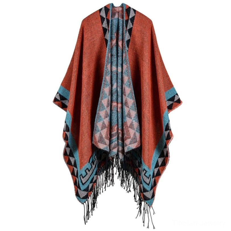 Tibetan orange geometric tassel shawl displayed in full length showing complete dimensions and versatile wearing options