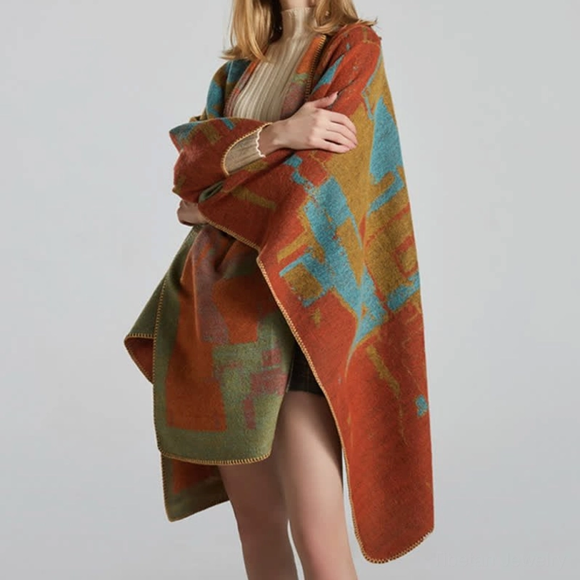 Tibetan bohemian wrap shawl styled for evening wear with elegant draping technique