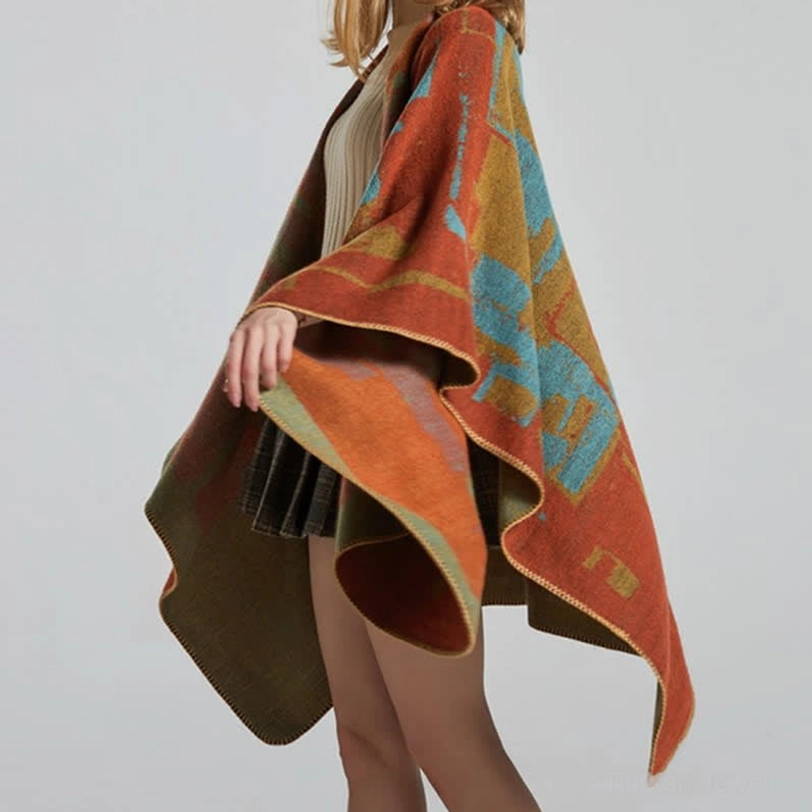 Orange Tibetan open-front drape shawl styled with pleated skirt indoor styling
