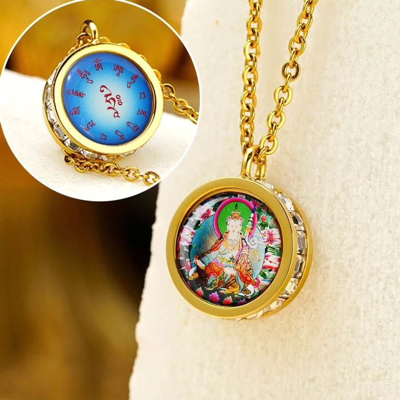 Padmasambhava Bodhisattva tibetan pendant necklace with sacred mantra back design on jewelry display