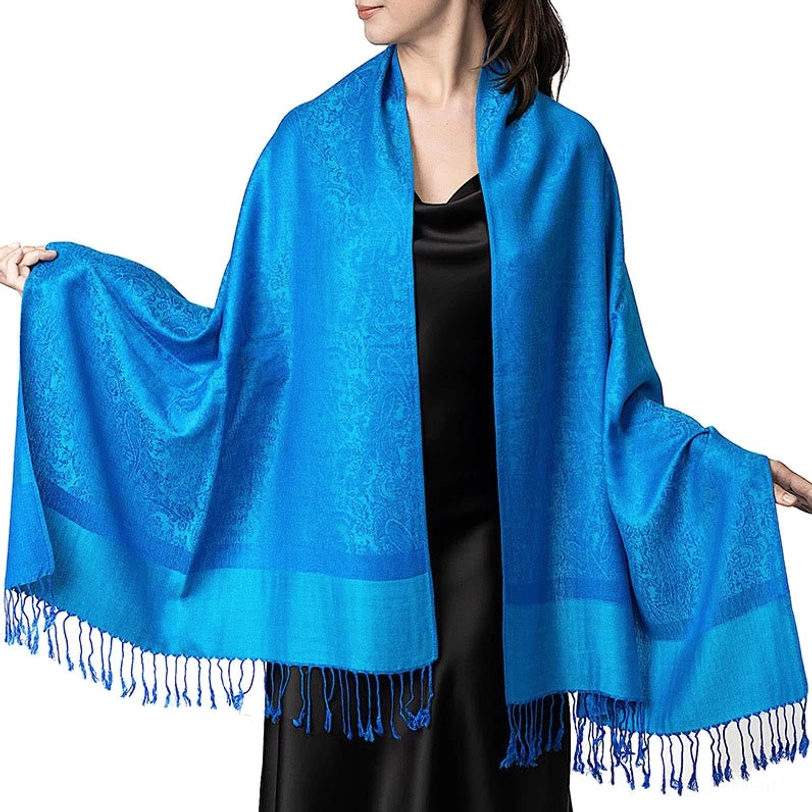 Tibetan paisley jacquard shawl deep sky blue variant - vibrant shade