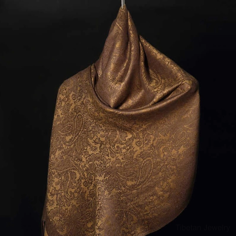 Tibetan paisley jacquard shawl front hanging view - full pattern detail
