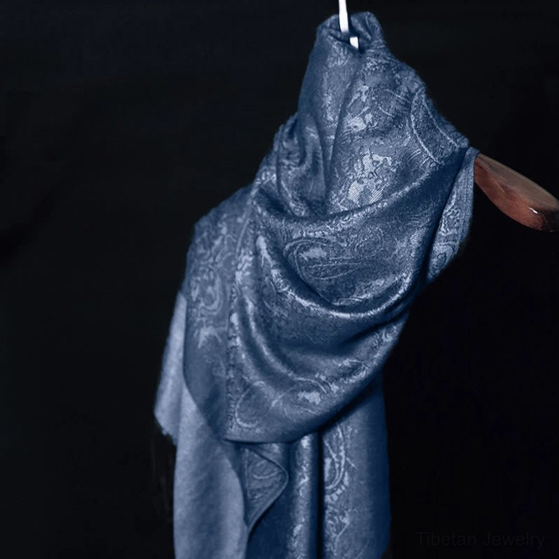 Tibetan paisley jacquard shawl full product display - hanging view