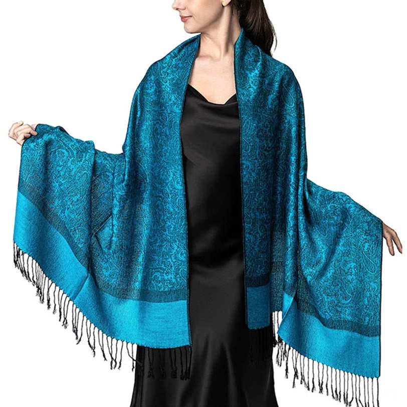 Tibetan jacquard paisley shawl detail shot - pattern and weave quality
