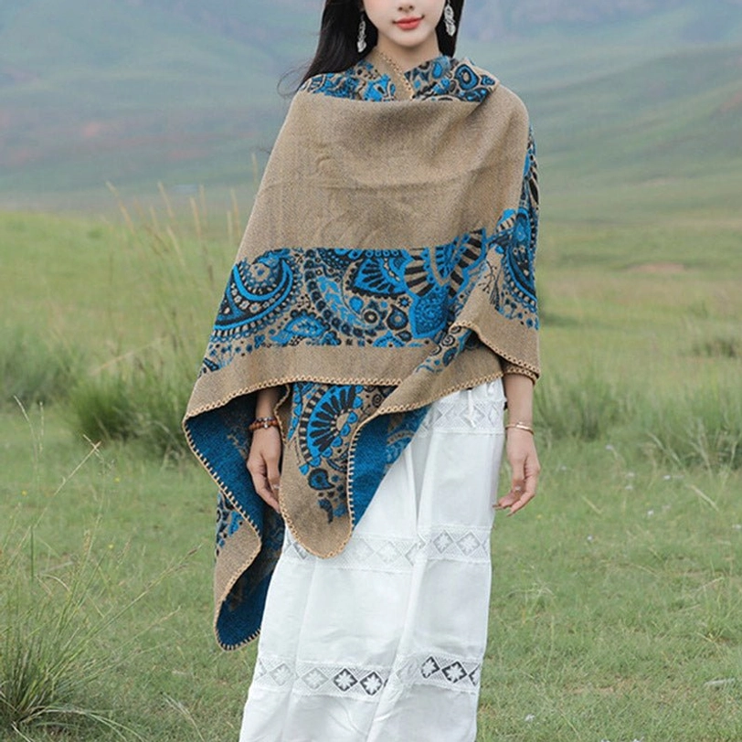 Blue Brown Tibetan paisley poncho shawl 150x130cm main product showcase elegant colorway