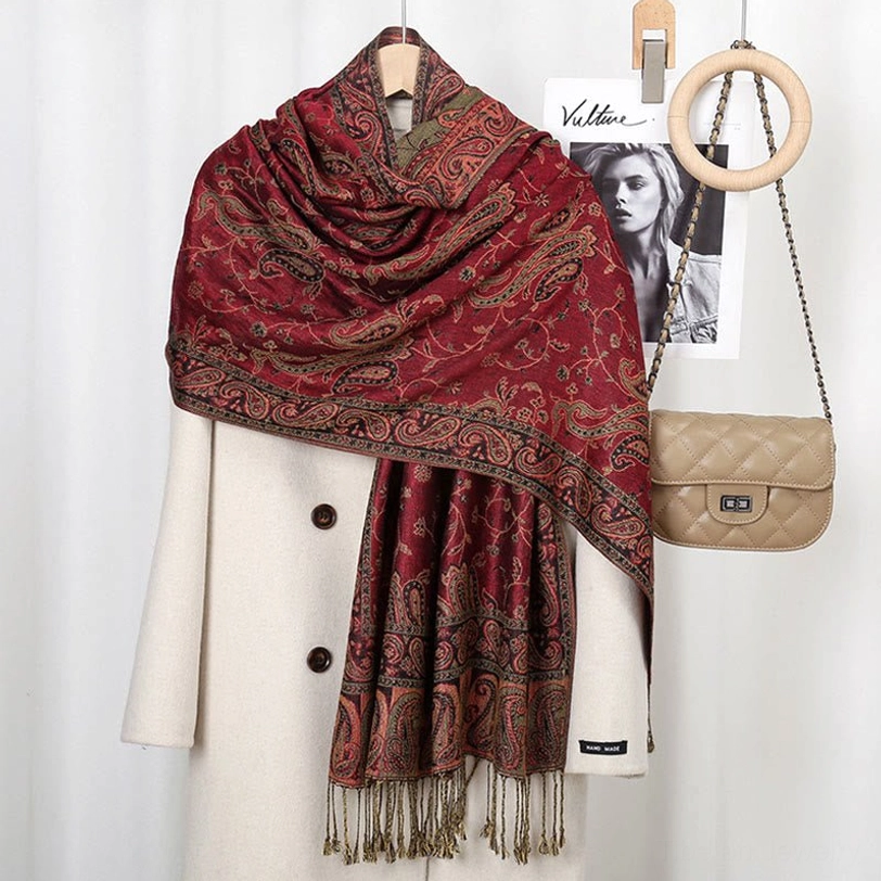 Tibetan paisley wrap scarf in brown red shade displaying beautiful color blend with traditional floral motifs