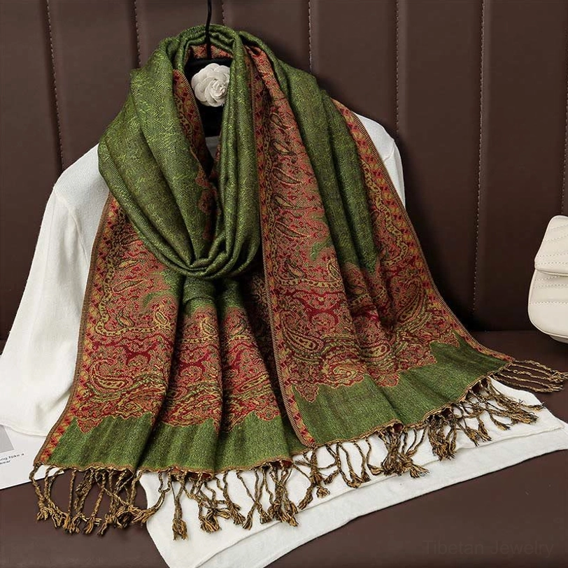 Lime green tibetan paisley tassel scarf with modern color twist on classic jacquard pattern and tassel details