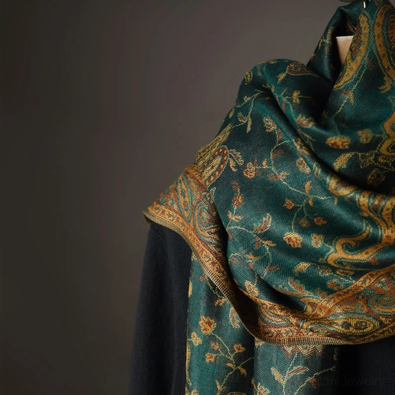 Tibetan paisley scarf worn as neck wrap showing proper styling with small floral motifs and soft fabric drape