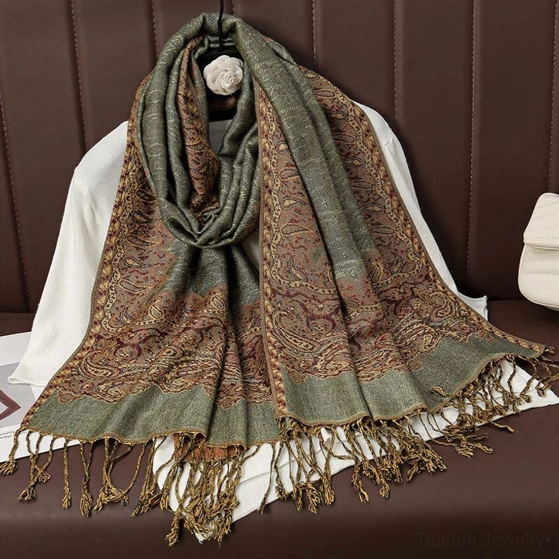 Olive green and light brown vintage paisley tassel scarf featuring subtle jacquard design and brown fringe trim edges