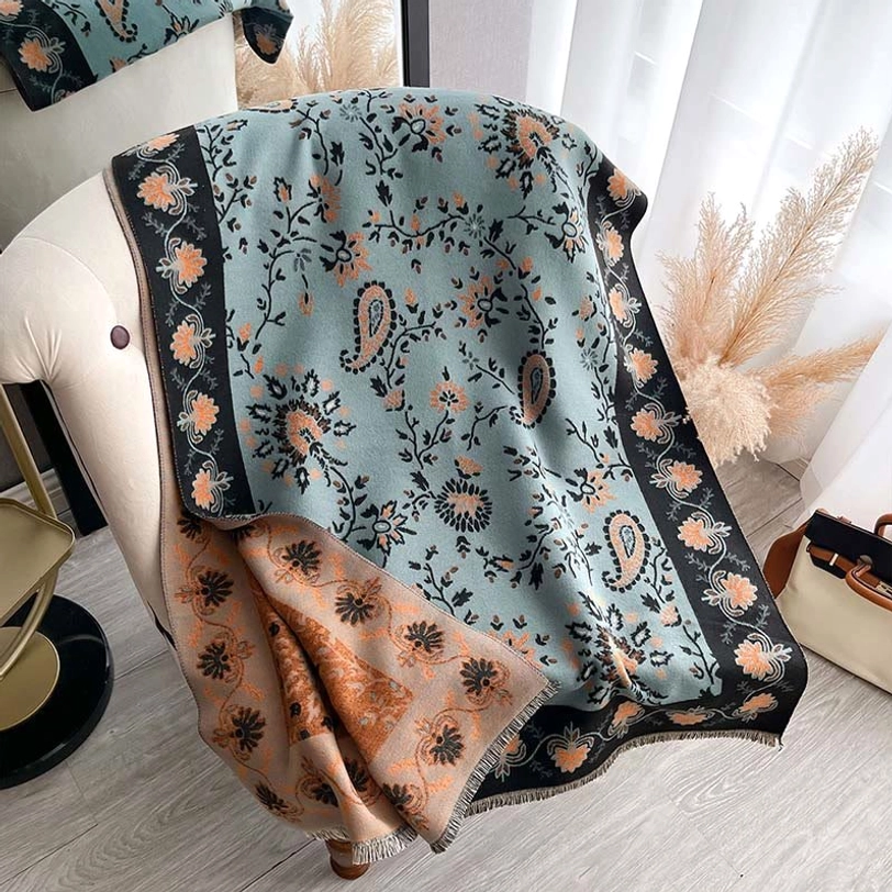 Tibetan medium aquamarine paisley shawl variant with handwoven texture and floral pattern