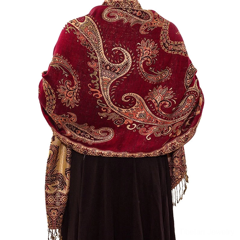 Bohemian paisley tassel shawl product photography showing authentic artisan craftsmanship details