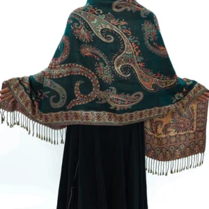 Bohemian paisley tassel shawl back view draped over black skirt showing ornate pattern detail
