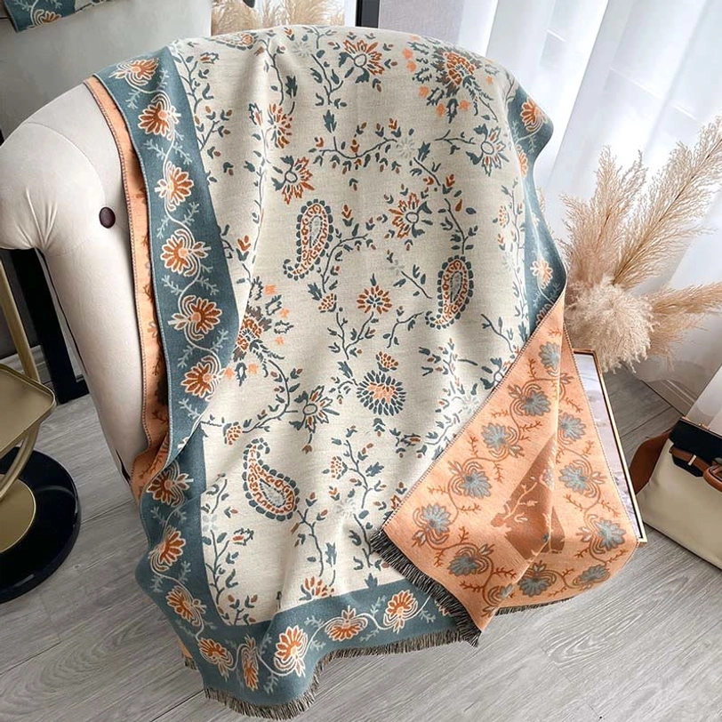 Tibetan beige paisley shawl showing handcrafted weave and traditional Himalayan textile design