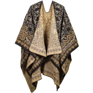 Tibetan reversible paisley shawl black and beige color contrast pattern flat lay front view