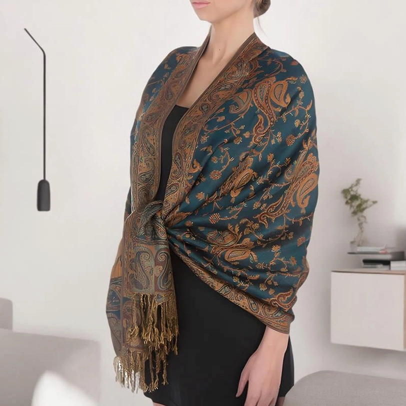 Tibetan paisley shawl in black gray color variant showing sophisticated neutral tone with vintage floral design
