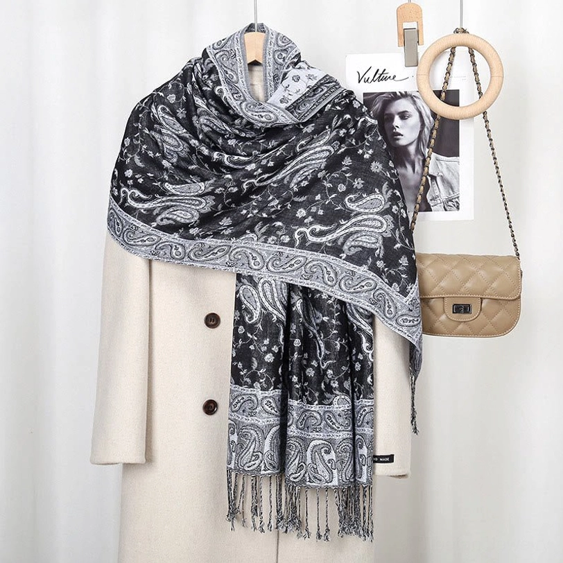 Tibetan paisley shawl in black gray neutral shade with gold-brown floral cashew pattern and neat edge trim