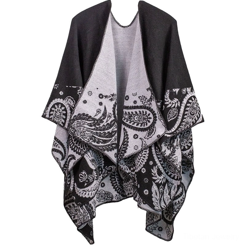Black and grey Tibetan paisley reversible shawl wrap traditional design flat lay