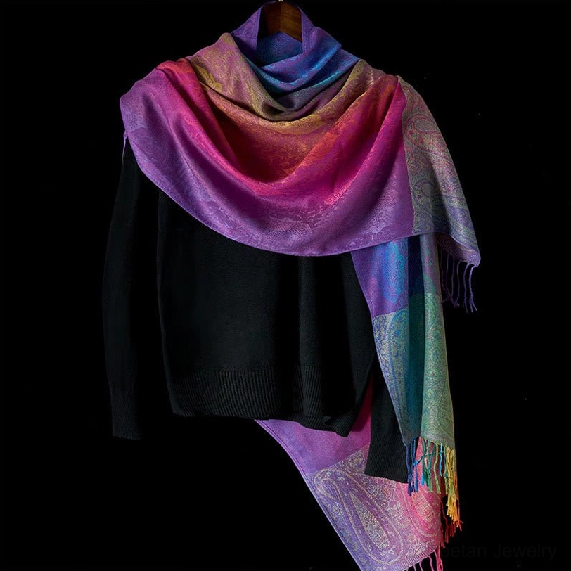 Tibetan rainbow gradient paisley shawl left side drape - blue and purple woven tassel hem styling