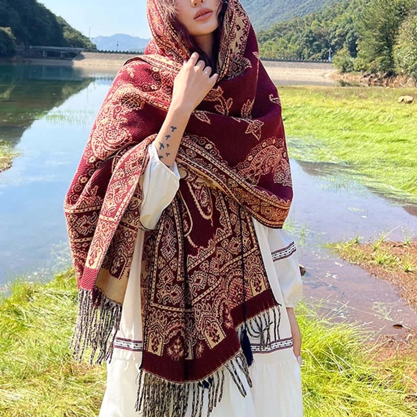 Tibetan paisley tassel shawl paired with casual outfit demonstrating versatile everyday styling and cultural fashion integration