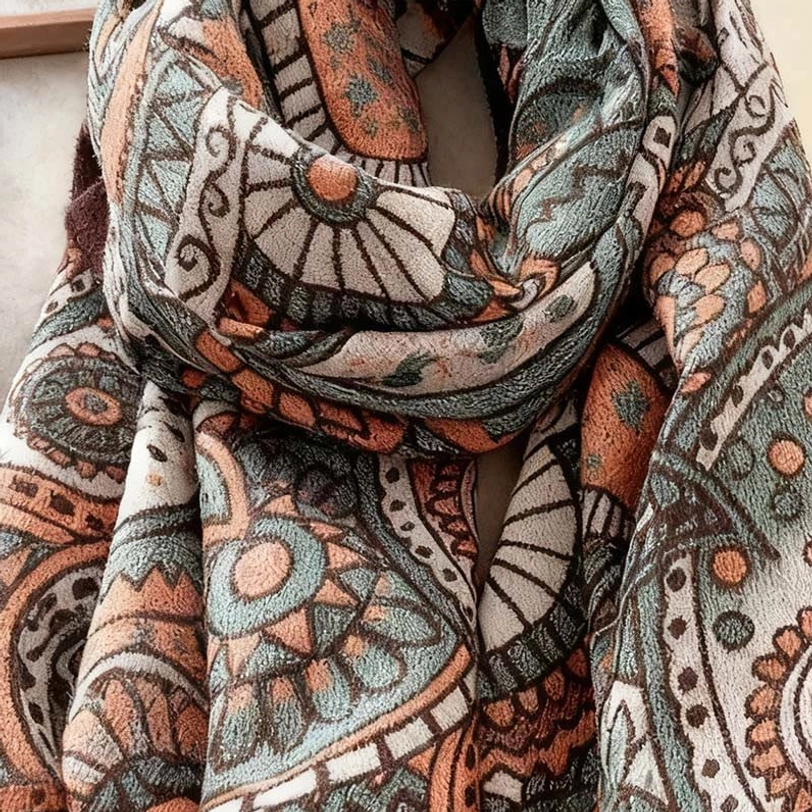 Tibetan ethnic paisley shawl close-up overhead view showing intricate woven pattern and detailed craftsmanship of geometric design