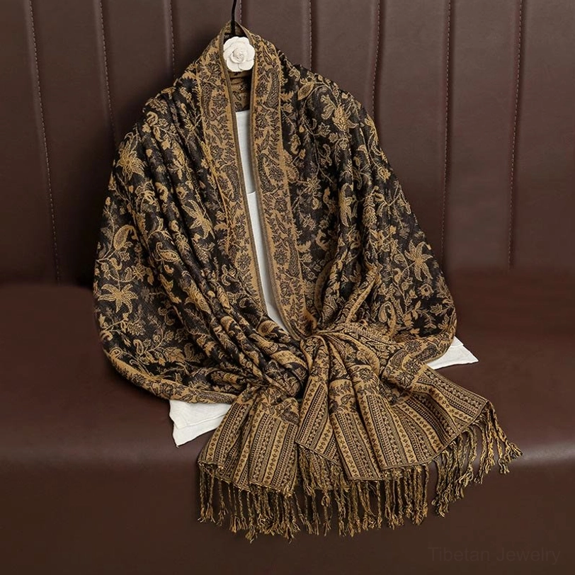 Tibetan ethnic paisley shawl color palette showcase with multiple hues and jacquard pattern variations