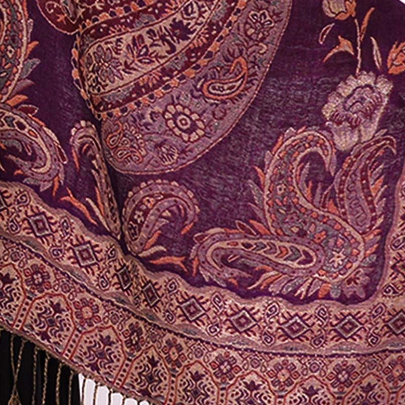 Tibetan paisley bohemian shawl product showcase with complete tassel fringe and decorative border