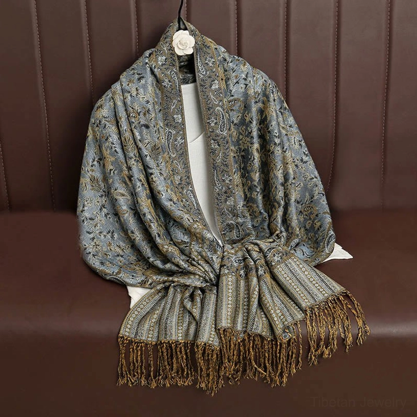 Tibetan handcrafted paisley shawl corner detail showing intricate jacquard pattern and ethnic design