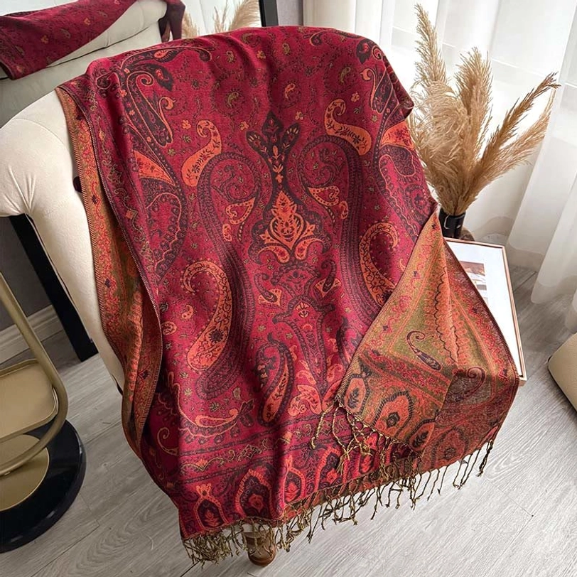 Crimson Tibetan paisley tassel shawl full view showing color and design complexity