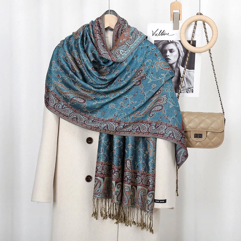 Tibetan paisley cashew flower shawl in vibrant cyan blue showing contemporary color option with vintage pattern