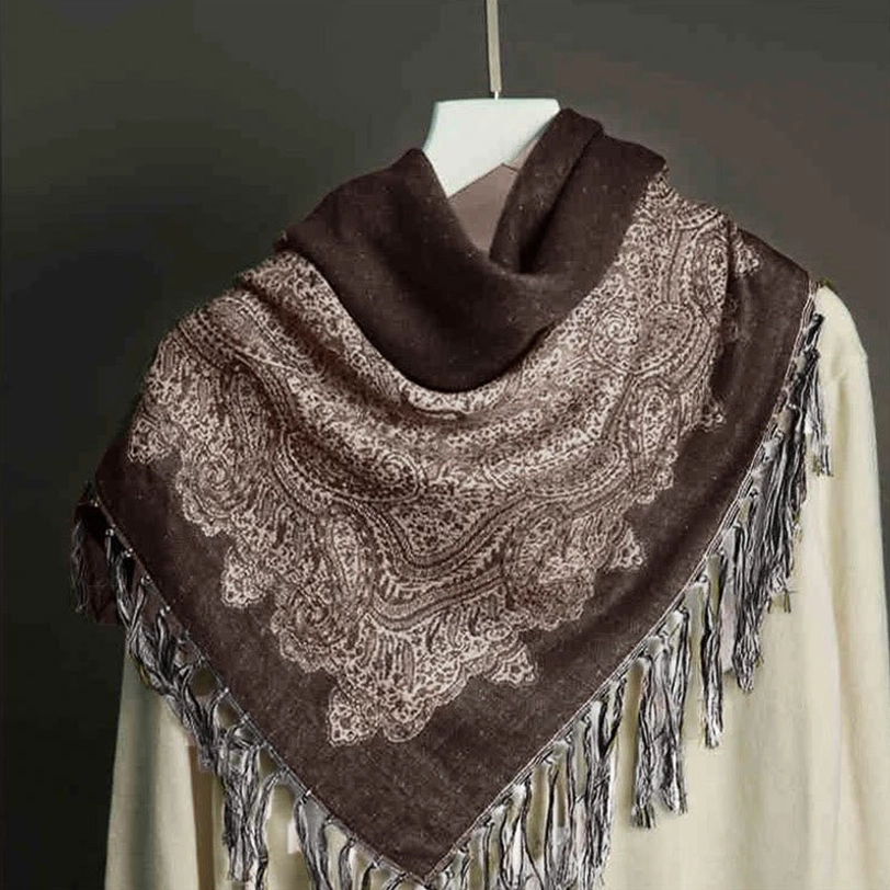 Dark brown and beige paisley jacquard tassel shawl displayed flat from overhead showing full jacquard pattern and fringed edges