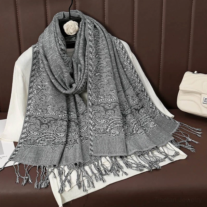 Dark grey tibetan paisley jacquard tassel shawl versatile neutral color for layering and styling with any outfit
