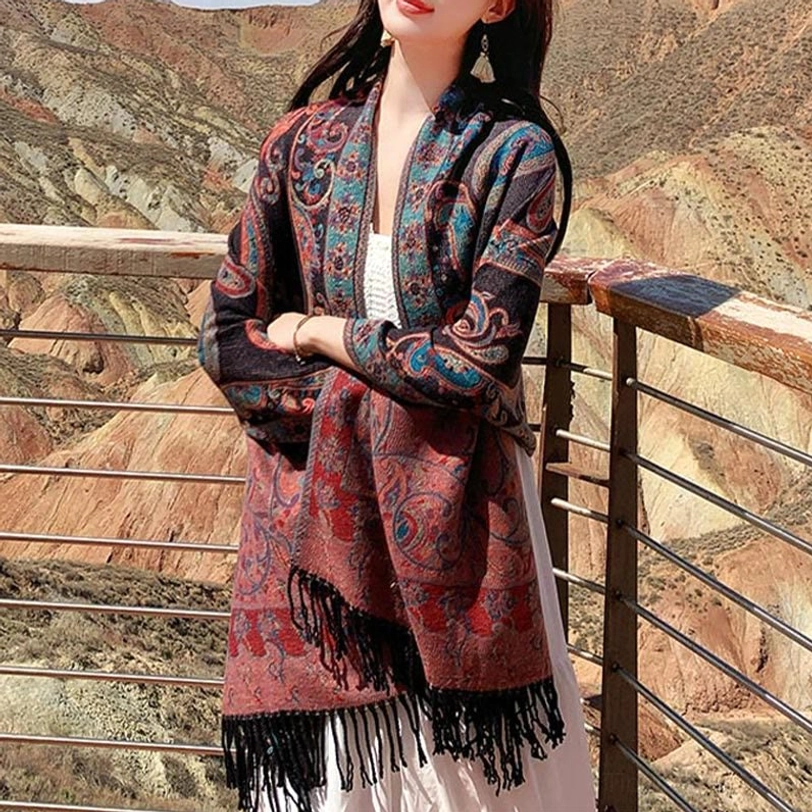 Dark Magenta Tibetan paisley tassel shawl draped flat displaying full pattern coverage and burgundy-tone palette
