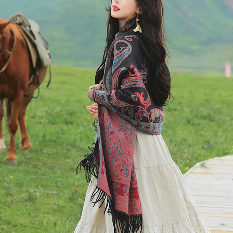 Dark Magenta Tibetan tassel shawl hanging full-length display showing traditional pattern and long fringe hem