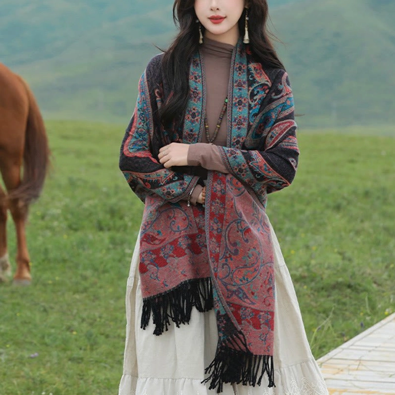 Dark Magenta Tibetan paisley tassel shawl detail shot emphasizing texture, fringe trim, and color depth