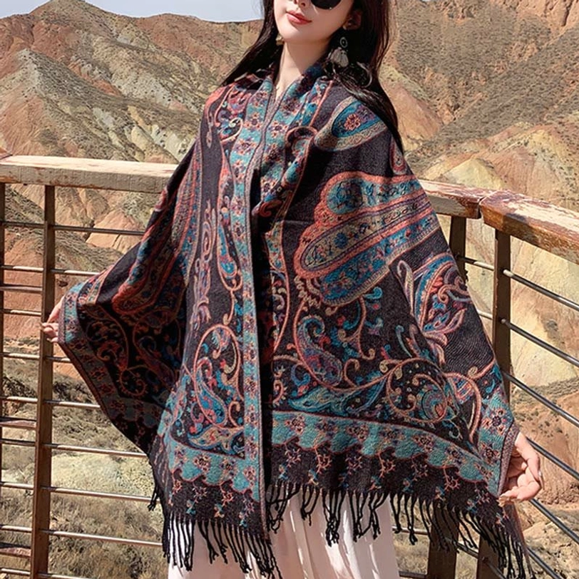 Dark Magenta Tibetan paisley tassel shawl displayed showing rich burgundy tone with traditional pattern motifs